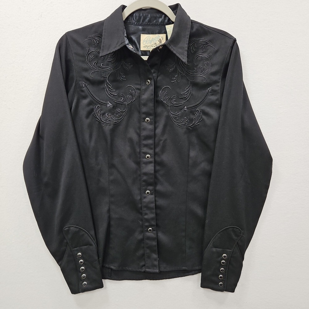 Roper Shirt Womens M Black Western Embroidered Snap Rockabilly Rodeo Long Sleeve